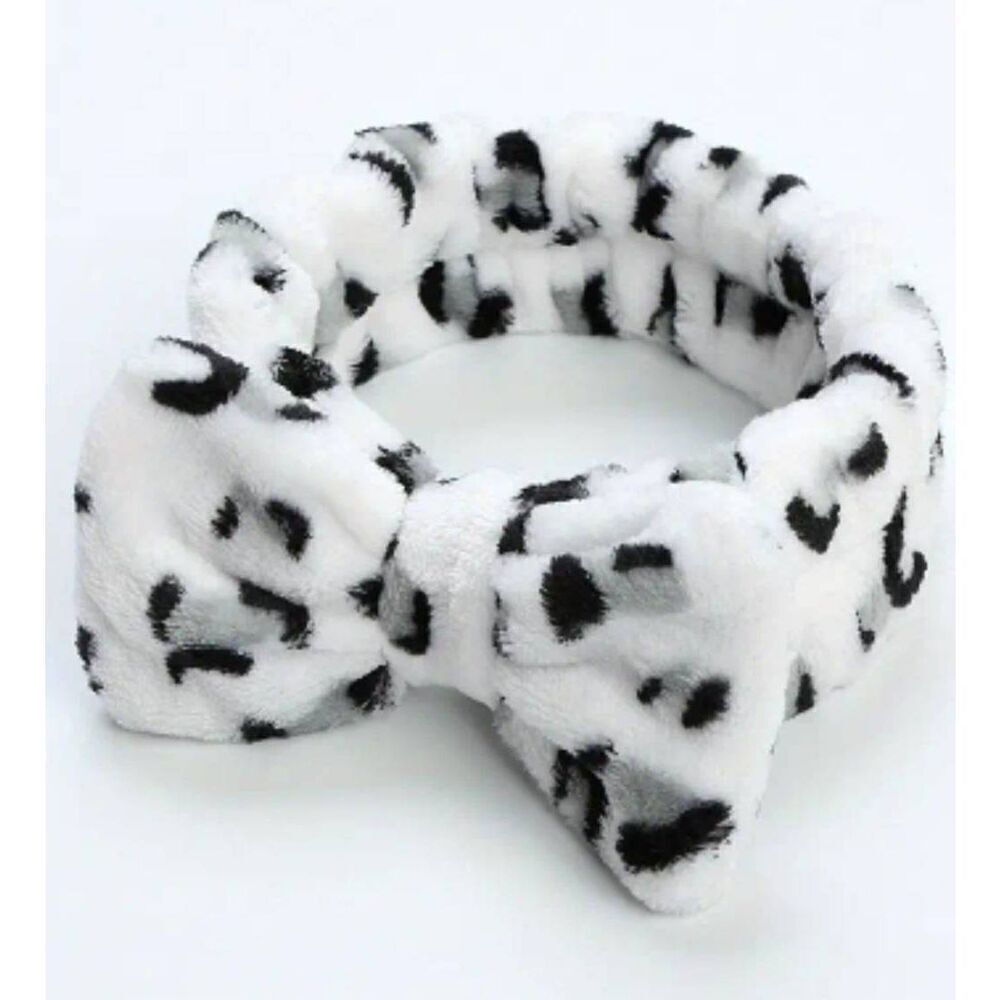 Ladies Plush White Grey Leopard Print Headband for Washing Face and Make-U